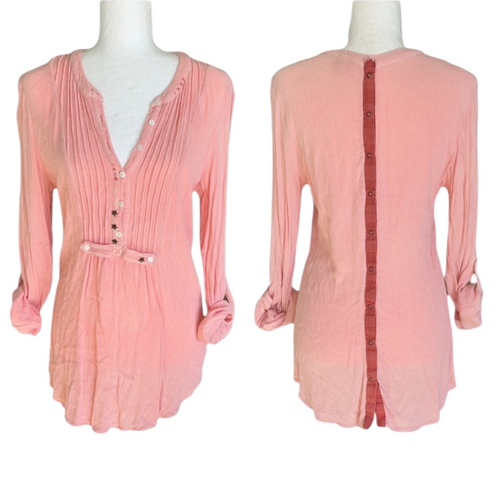 Free People Snap Out Of It Crinkly Peach Star Button Tunic Top - S